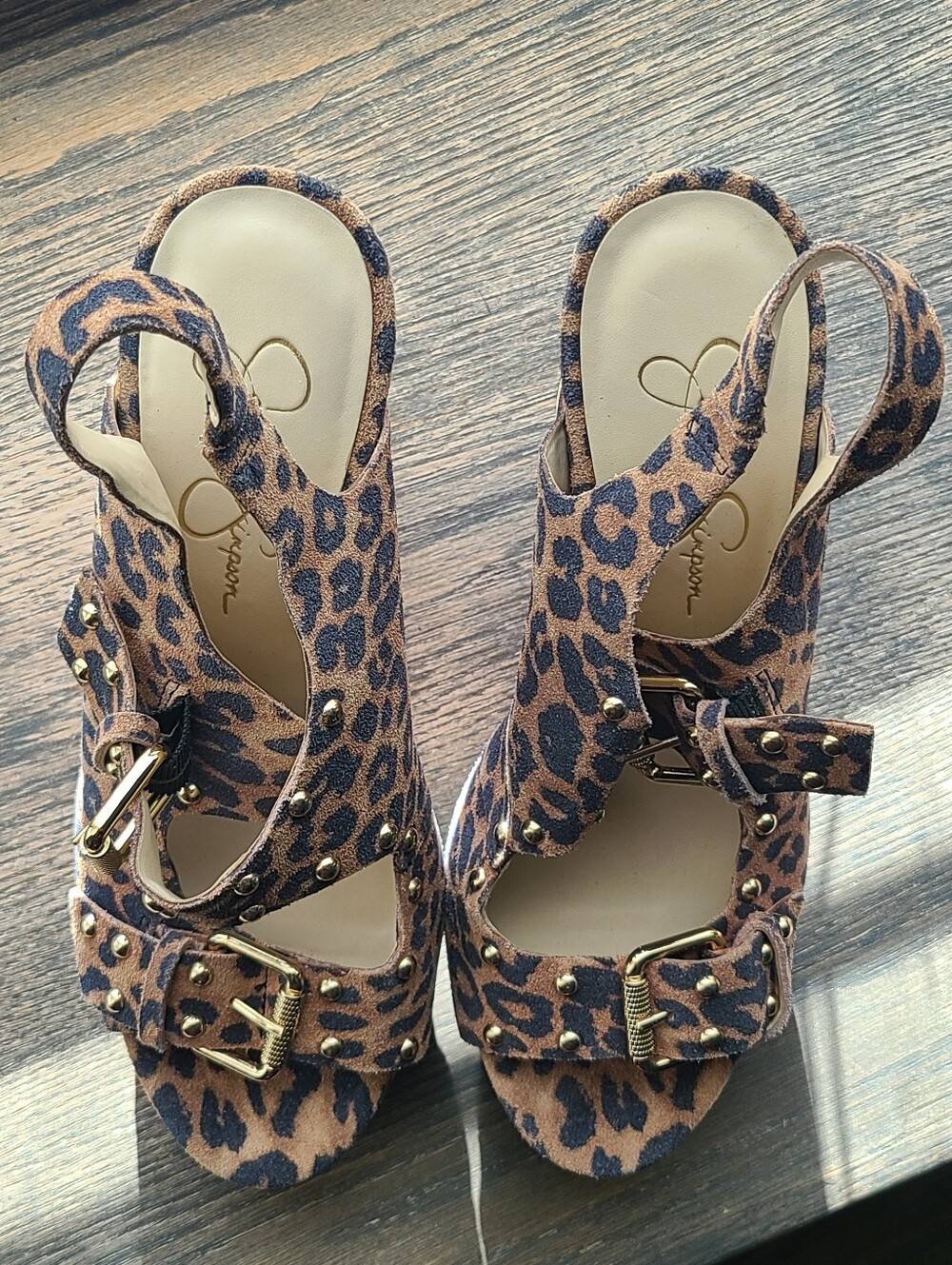 Jessica Simpson Tymina studded leopard print suede wedge sandals - Size 9